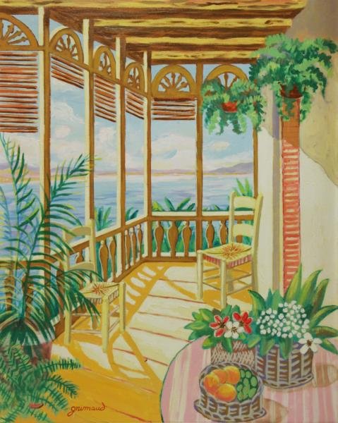 GRIMAUD, William. Oil on Canvas. Seaside Terrace.: Signed lower left. William Grimaud, Scottish, b. 1942. From a Harrison, NY location. Dimensions: 30" high x 24" wide. Condition: Very good.