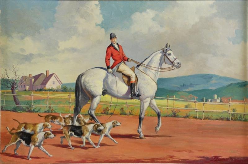 MATA, Evelio Garcia. Oil on Canvas. Fox Hunter and: Dogs. Signed lower right. Evelio Garcia Mata, Cuban, 1910 - 1985. From a Harrison, NY location. Dimensions: 24" high x 36" wide. Condition: Very good, a few very small spots of soiling.