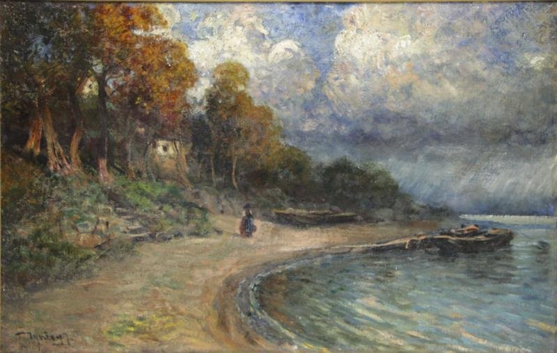 UJVARY, Ignac. Oil on Canvas. Figure on Beach: Watching Distant Storm. Ignac Ujvary, Hungarian, 1880 - 1927. Signed lower left. From a Long Island, NY estate. Dimensions: 19.25" high x 30.5" wide. Condition: Areas of cracking and small losses alon