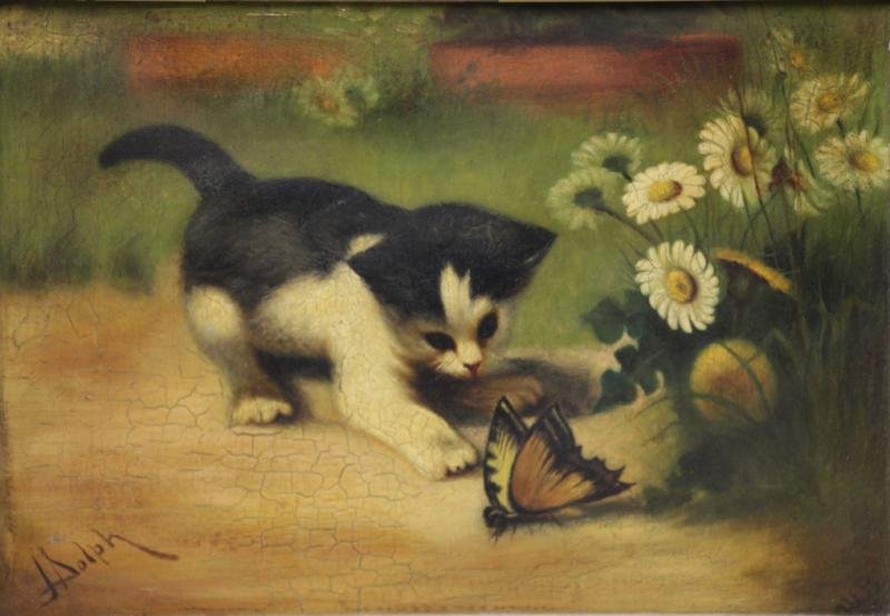 After John H. Dolph. Oil on Canvas of a Kitten and: a Butterfly. Signed 'J Dolph' lower left and initialed 'W.B 06' (?) lower right. From a West 57th St NYC estate. Dimensions: 10" high x 14" wide. Alligatoring, yellowed varnish, small loss lower left 