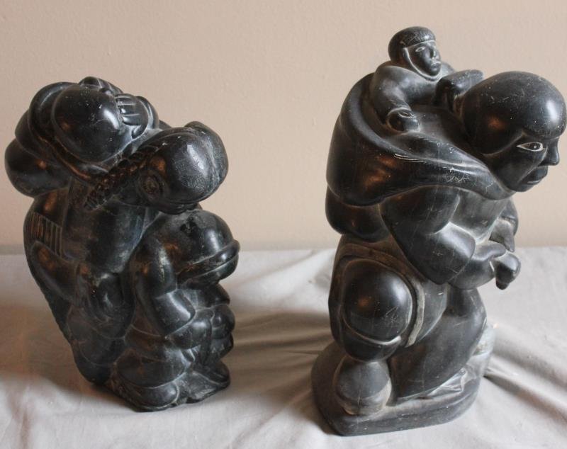 2 Piece Inuit Figural Grouping Lot.: Includes a figural grouping of a mother and children - 10" w x 16" h and a grouping of a woman with child and goose - 11" w x 13" h. From a West 57th St. NYC estate.