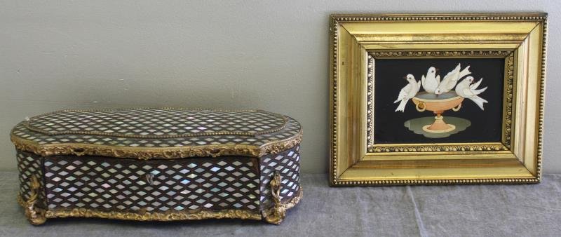 Miscellaneous Antiques Lot.: Includes a 19th century bronze mounted mother of pearl inlaid rosewood dresser box, and a vintage Pietra Dura plaque of birds drinking from an urn. From a Great Neck, NY estate. Dimensions: box - 12" 