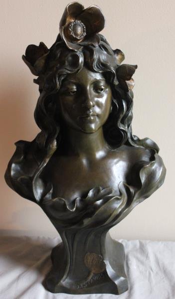 DEBUT, Marcel. Signed Bronze Bust "Les Pavots.": Titled and signed on base. From a West 57th St. NYC estate. Dimensions: 28" high x 16" wide. Condition: Good.