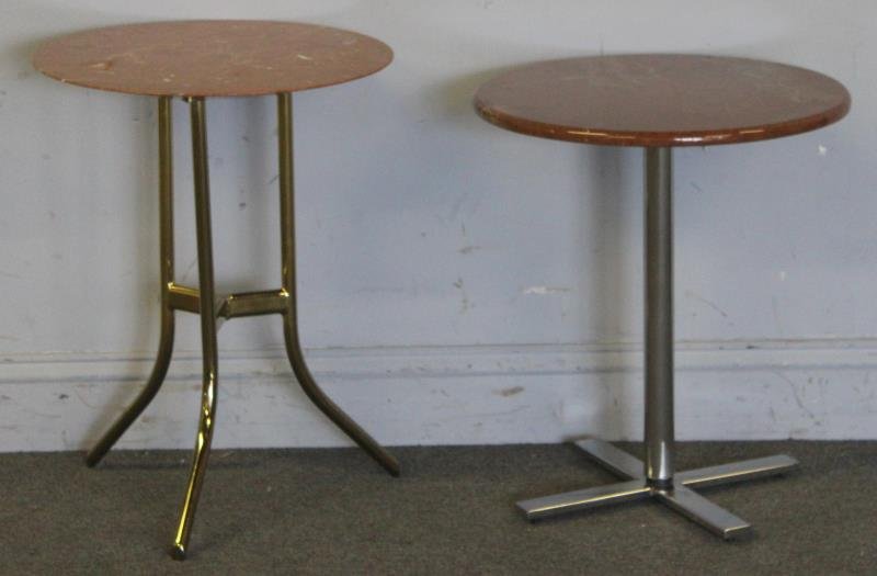 Midcentury Marble Top Table Lot.: Includes a marble top side table on chrome pedestal base and another side table in the style of Cedric Hartman. From a Westport, CT estate. Dimensions: 18" diameter x 20.5" high, and 17" diameter x 22