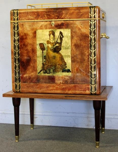 Midcentury Aldo Tura Goatskin Fold Down Cabinet.: Unmarked. Lacquered goatskin and gilded hardware exterior with removable top brass and glass tray. Also accompanied by original bar accessories labeled Tura. Mirrored interior and nice quality square