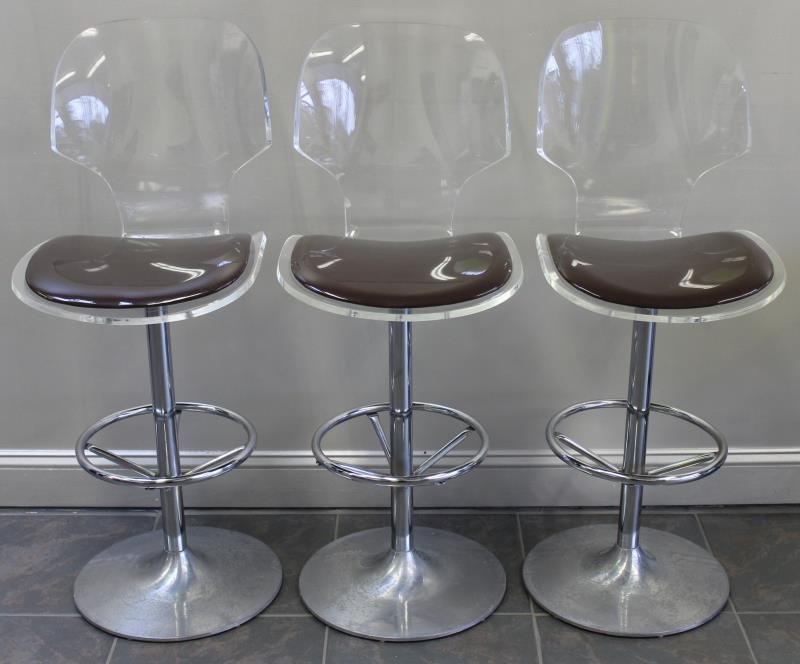 Set of 3 Midcentury Lucite Bar Stools.: Labeled Hill. From a Fleetwood, NY estate. Dimensions: 17" w x 19.5" d x 44" h.