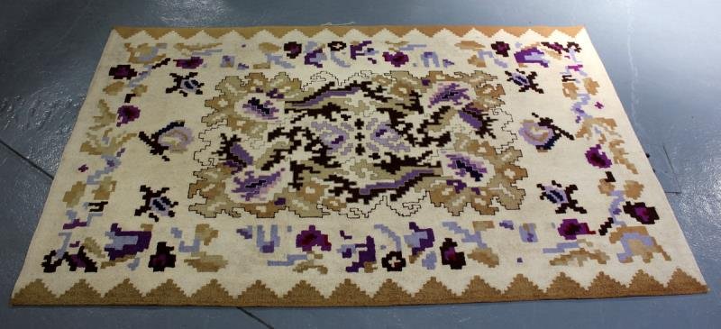 Midcentury Edward Fields Abstract / Geometric: Carpet. Cream background with abstracted geometric patterns in purple, black, and tan. From a Long Island, NY estate. Dimensions: 6' x 9' Condition: Good.