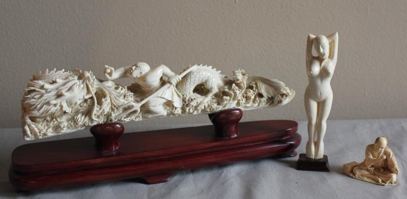 Lot of 3 Vintage Ivory Pieces.: Includes a long carved sculpture, 12.5" long, a netsuke, 2.5" x 2," and a nude figure, 6.125" high plus base. From a West 57th Street NYC estate.