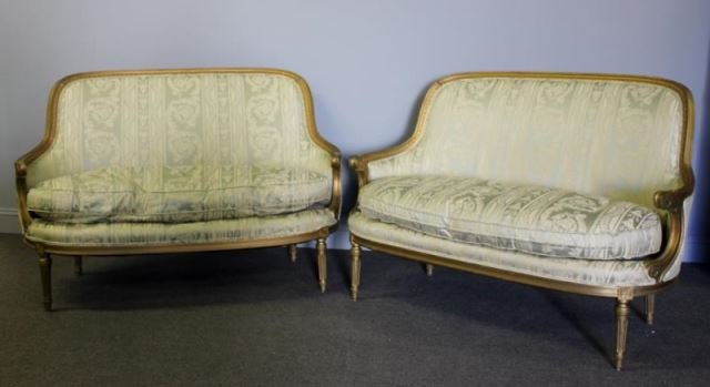 Pair of Louis XVI Antique Settees / Canapes.: Downfilled. From a Westchester estate. Dimensions: 52" wide x 24" x 35" high. Condition: good