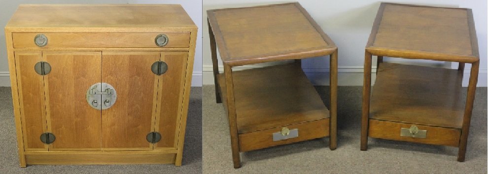 Midcentury Asian Modern Furniture Lot.: Includes a Dunbar Asian modern four door cabinet together with a pair of Baker Asian modern one drawer side tables. Cabinet dimensions: 38" wide x 18" x 34.25" high. From a West 57th Street, NY estate