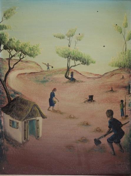 BYRON, Bourmand. Oil on Masonite. Haitian Farmers.: Signed and dated 14/2/63 lower right. Bourmond Byron, Haitian, b.1923. From the Bronxville, NY estate of renowned mezzo-soprano, Betty Allen. Dimensions: 24" high x 18" wide. Condition: Surface grime 
