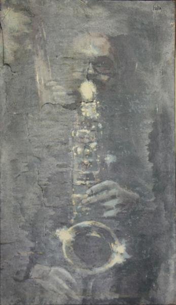 RUBEN. Large Mixed Media on Canvas. "Fables of: Faubus." An homage to influential Jazz artist, Charles Mingus. Signed upper right and signed and titled verso. Possibly Richards Ruben, American, 1925-1998. From the Bronxville, NY estate of renowned
