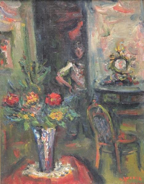 ZUCKER, Jacques. Oil on Canvas. Interior Still: Life with Figure. Jacques Zucker, Polish/American, 1900 - 1981. Signed lower right. From a Pennsylvania, NY estate. Dimensions: 13.75" high x 10.75" wide. Condition: Good, some light surface dust and