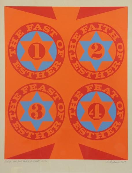 INDIANA, Robert. Silkscreen "Purim: The Four: Facets of Esther." Pencil signed 'R. Indiana 5727' lower right, and numbered 10/90 lower left. Printed by Chiron Press, New York with blind stamp lower left. Robert Indiana, American, b. 1928. From a