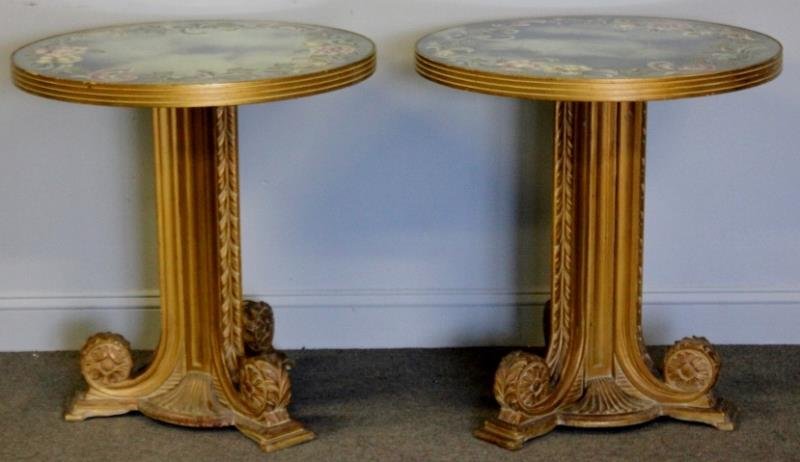 Pair of Carved and Gilded Wood Venetian Style: Mirror Top Tables. From an Easthampton, NY estate. Dimensions: 28" diameter x 30" high. Condition: Good.