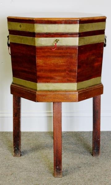 19th Century George II Style Cellarette with Zinc: Liner. Beautiful finish with brass bands. From a Cos Cob, CT estate. Dimensions: 18" w x 18" d x 29.5" h. Condition: Old repair to zinc with minor corrosion. Some wear to lower legs. Overall good.