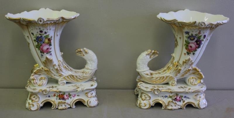Pair 19th Century Paris Porcelain Cornucopia: Mantle Vases With Rare Eagle Heads. Hand painted and gilded. Descended in the Bufford family. See card table for provenance. From a Southport, CT estate. Dimensions: 7" x 4.5" x 9.125" high. Condition