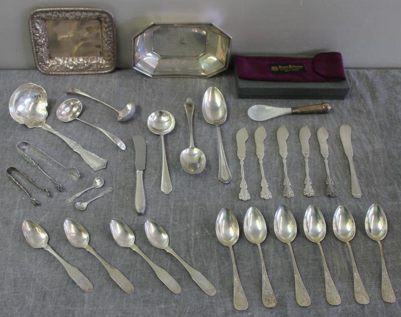 STERLING. Miscellaneous Hollow Ware and Flatware.: Includes a small silver overlay perfume bottle; a Gorham floral repousse tray; an octagonal Gorham tray; an English mother of pearl and silver caviar spoon; R. Wallace & Sons ladle; Gorham tongs; R. W