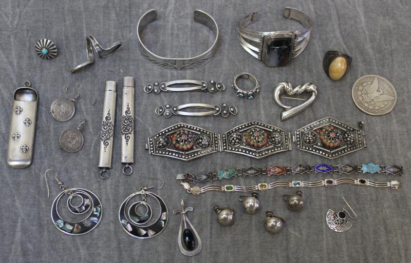 JEWELRY. Southwest Jewelry Grouping.: Includes a sterling cuff; a a sterling cuff with stone; a Turkish silver bracelet with inlaid coral - as is; 3 rings; a sterling heart form brooch; 2 pair of round sterling earrings; travel scissors a