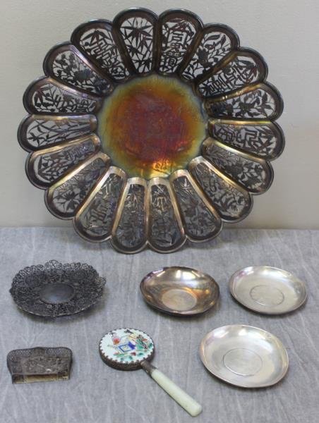SILVER. Miscellaneous Silver and Decorative Lot.: Includes 2 C.J. Co sterling bowls with central Asian coin with a 3rd unmarked bowl of same size and coin; a small filigree holder; a Chinese silver filigree tray; an early Chinese hand mirror with por
