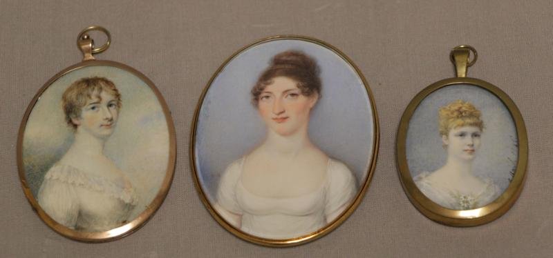 3 Portrait Miniatures of Ladies on Bone/Ivory.: A lady with short chestnut hair, big blue eyes and a white dress with pink sash, 2 3/4" high, no glass in frame but in good condition. A lady with pinned chestnut hair and brown eyes, 'initialed T.H.'