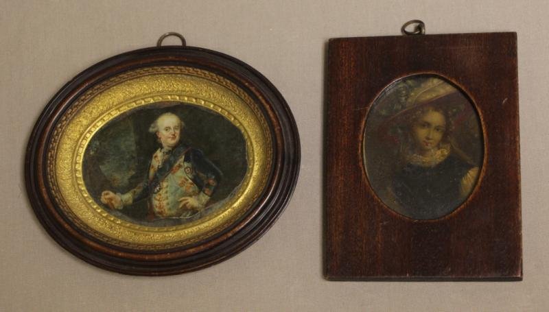 2 Portrait Miniatures of Gentlemen.: Prince Ferdinand of Brunswick, Knight of the Order of St. John, painted on bone or ivory with rough edges with ink inscription identifying the sitter on the reverse, 2 14" high x 3" wide. Young man in