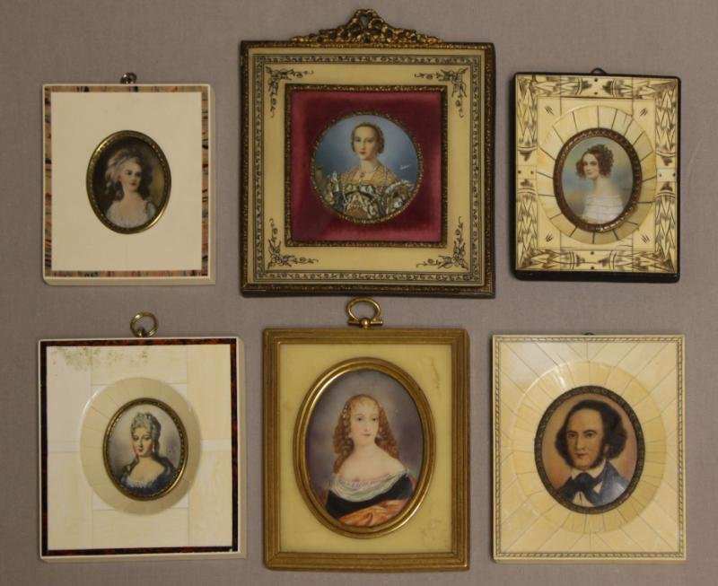 6 Portrait Miniatures on Bone/Ivory.: 3 of 6 are set in bone/ivory frames. Woman with long chestnut hair wearing a deep blue dress with orange cloak has Christie's East label on reverse. From a Yonkers, NY collection. Dimensions: Vary fro
