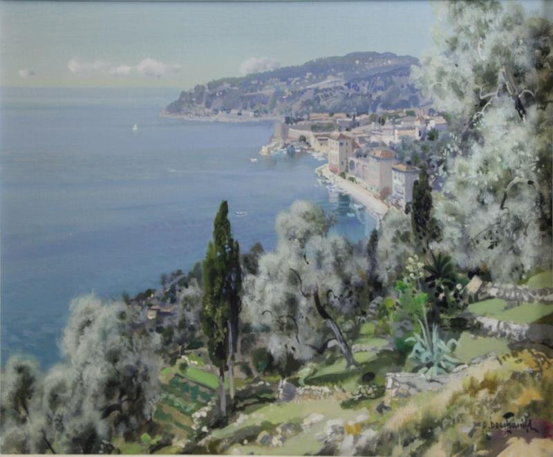 DESCHAMPS, Gabriel. Oil on Canvas. "La Rade De: Villefranche." Signed lower right, titled on stretcher verso. Gallery label verso. Gabriel Deschamps (French, b.1917). From a Port Chester, NY home. Dimensions: 19.5" high x 24.25" wide. Condition: Go