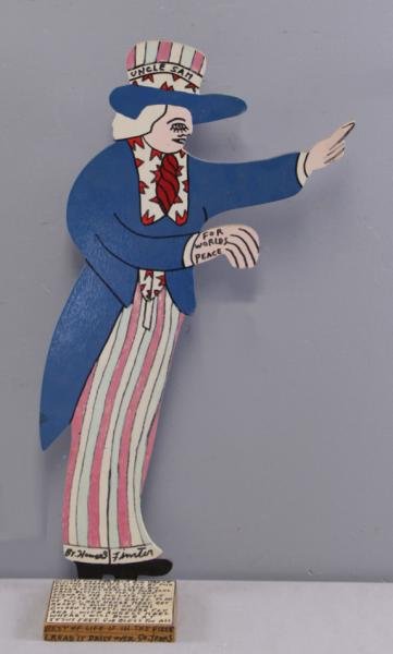 FINSTER, Howard. Painted Wood Cut-Out "Uncle Sam.": Signed at pants cuffs. Howard Finster (American, 1916-2001). From an Old Lyme, CT home. Dimensions: 22.75" high x 12" wide x 3.5" deep. Condition: Overall good, some surface dust, surface stain on coa