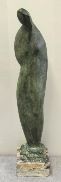 PLANES, Jose. Bronze Modernist Figure.: With green patina raised on a marble base. Signed 'Jose Planes' on the base of the bronze. José Planes (Spanish, 1893 - 1974). From a White Plains, NY home. Dimensions: 28.5" high x 5" wide x 5.5" de