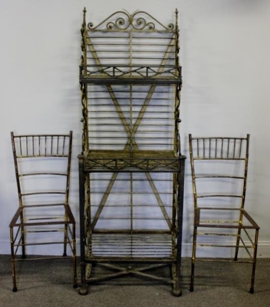 Antique French Wrought Iron Bakers Rack.: Together with a pair of vintage gilded metal faux bamboo cafe chairs - no seats. Rack signed Echalie, J. Paris. Top quality and unusual size. From a Queens, NY estate. Dimensions: Rack - 24.25" w x 18