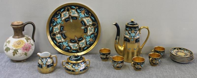 Hessler Limoges Art Deco Tea Set.: 14 piece tea set with well painted decoration. Together with a Doulton ewer form vase signed on the base, "WBJ," stamped, "Doulton," and impressed, "Doultons 2014." From a Rye, NY home. Dimensions: ew