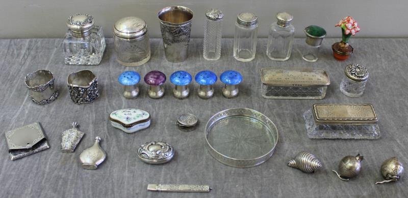 STERLING. Assorted Sterling and Crystal Hollow: Ware. Includes 5 .800 silver and enamel mushroom form salt and peppers; a sterling rimmed crystal coaster; a probably .800 silver seashell; 2 fruit form boxes; 2 sterling napkin rings - one monogramme