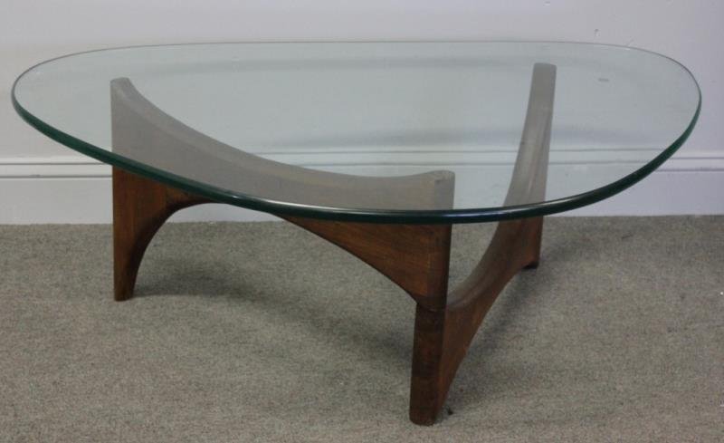 Midcentury Adrian Pearsall Coffee Table.: Walnut base coffee table by Adrian Pearsall for Craft Associates. Nice large and heavy plate glass top with rounded edges. From a Queens, NY. Dimensions: 45" w x 33" d x 14.5" h. Condition: Good.