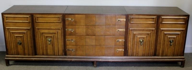 Midcentury John Stuart Triple Chest on Base.: Three pieces on single long base including a 4 drawer center chest flanked by a pair of 2 door cabinets. From a Rye, NY estate. Dimensions: 99" w x 18.75" d x 31" h overall. Condition: Top scratches a