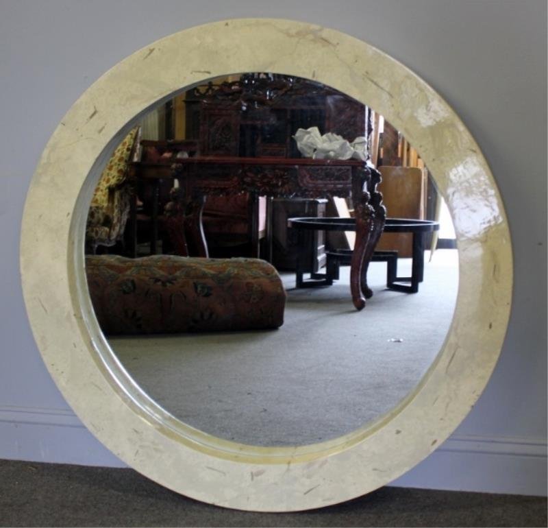 Midcentury Italian Faux Parchment Mirror.: Lacquered round mirror with faux parchment design in the manner of Karl Springer. From a Great Neck, NY estate. Dimensions: 40" diameter x 2.5" d. Condition: Good.