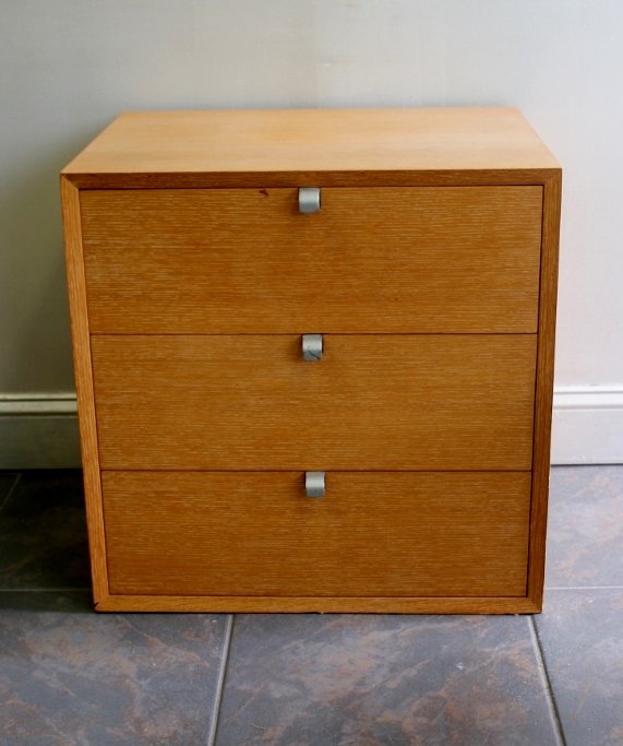 Midcentury George Nelson For Herman Miller Cabinet: Three drawer cabinet unit in brushed oak. Without legs. From a Purchase, NY estate. Dimensions: 24" w x 18.5" d x 24" h.