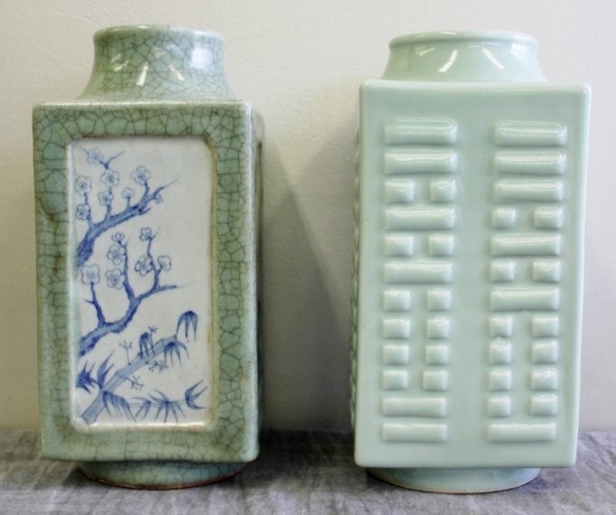 Chinese Celadon Lot.: Includes a crackle glaze square vase with recessed blue and white panels and a 20th century cong style square vase with impressed mark and under glaze blue character. From a Bronx, NY estate. Dimensio