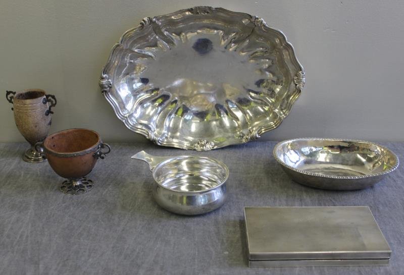 STERLING. Assorted Hollow Ware Grouping.: Includes an Allan Adler sterling porringer - inscribed Jaye Penny on handle; 2 wood and silver pedestal cups; a silver bowl with unidentified marks; an .800 silver box; and large scalloped edge bowl.