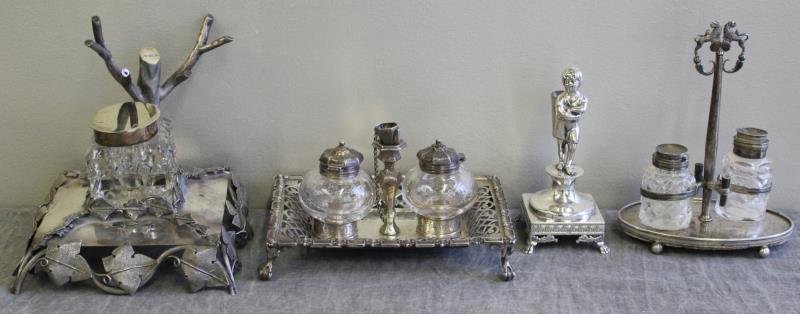 SILVER. Assorted Hollow Ware Grouping.: Includes a double inkwell on stand with ball and claw feet; a figural toothpick holder on footed base; a silver stand with cut glass vessels; and an English inkwell with applied leaves, and tree - mar