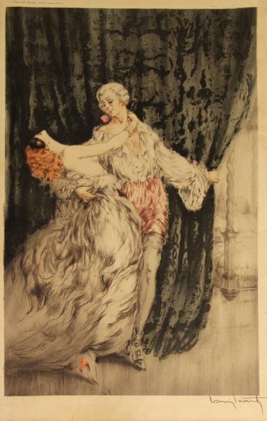 ICART, Louis. Drypoint Etching & Aquatint: "Casanova\". Pencil signed lower right. Artist's windmill blind stamp lower left. Copyright 1928 by L. Icart Paris. Louis Icart (French, 1888-1950) From a Mt. Vernon, NY estate. Dimensions: Plate - 21