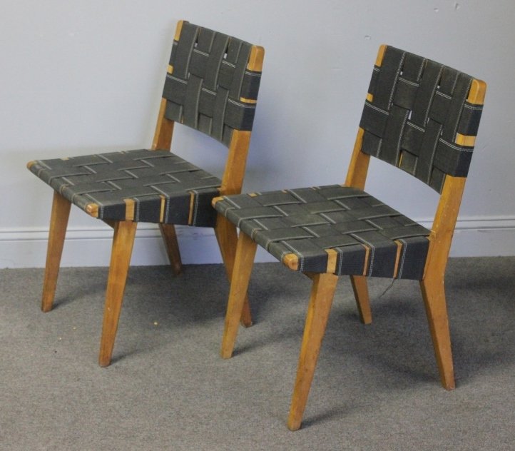 Midcentury Pair Jens Risom for Knoll Side Chairs.: Early Knoll Associates label to underside of one. Frames structurally sound. From a Purchase, NY estate. Dimensions: 17.5" w x 17.5" d x 30" h