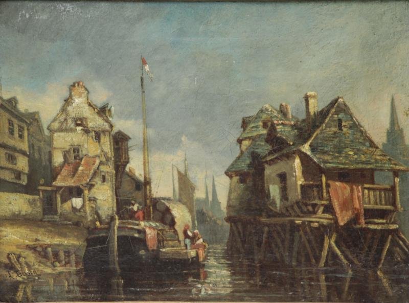 TESSON, Louis. Oil on Canvas. Seaside Village.: Signed 'L. Tesson' lower left. Louis Tesson (French, 1820 - 1870). From a Manhattan, NYC estate. Dimensions: 9.25" high x 12.75" wide. Condition: Surface grime, heavy craquelure.