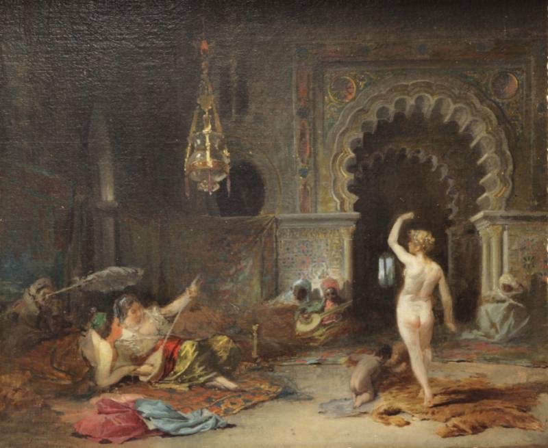 AMERIGO, Francisco Javier. Oil/Canvas. Orientalist: Scene. Inscribed and signed lower left. Francisco Javier Amerigo (Spanish, 1842 - 1912). From a White Plains, NY home. Dimensions: 14.5" high x 18.25" wide. Condition: Canvas laid on board. Old repair