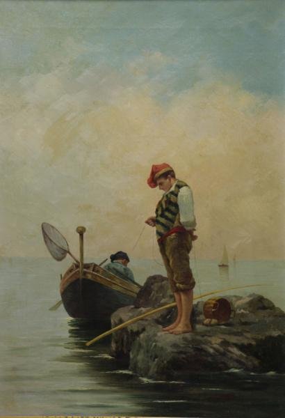 CAPONE JR., G. Oil on Canvas of Fisherboys.: Unsigned, plaque on frame with artist's name. Late 19th/early 20th C. From a Pelham Manor, NY estate. Dimensions: 20" high x 14" wide. Condition: Uneven yellowed varnish, surface dust. Frame with loss
