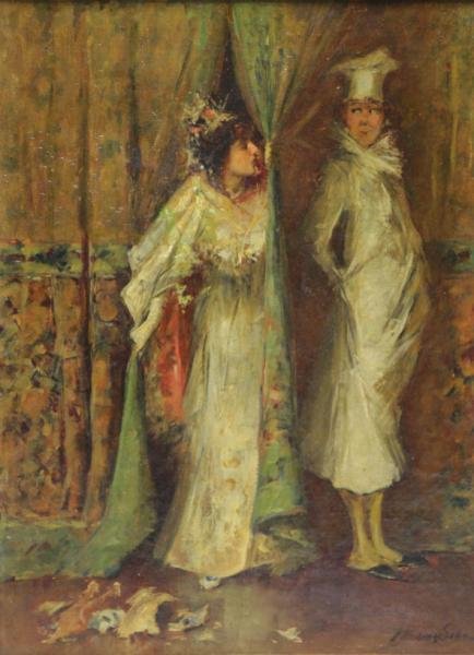 VAN SCHAICK, S.W. Oil on Canvas of Beauty and a: Chef. Signed' S. W. Van Schaick' lower right for Stephen Wilson Van Schaick (American, d.1920). Plaque on frame misattributes the painting to J.W. Van Sohn. From a Clifton, NJ estate. Dimensions: 16" 