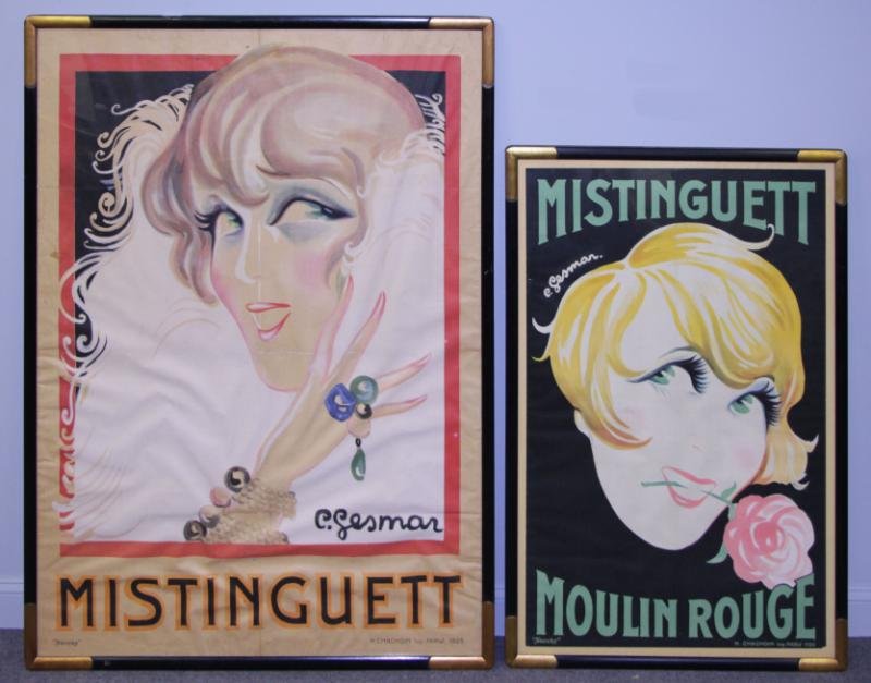 GESMAR, Charles. 2 "Mistinguett" Color Lithograph: Posters. Larger poster depicting Mistinguett with boa - H. Chachoin, Paris, 1925; sight size- 61.75" high x 45.25" wide, condition: laid on linen, toned, 3 horizontal and 1 vertical fold crease, tears