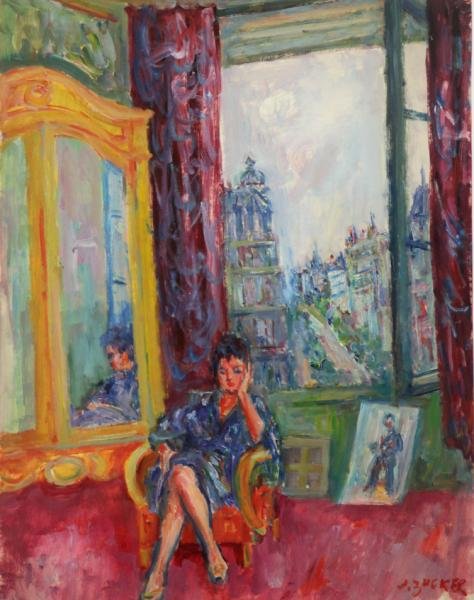 ZUCKER, Jacques. Oil on Paper. "Boulevard: Montparnasse From My Window". Signed lower right. Old label with title and $500 price adhered verso. Accompanied by a hard cover copy of "Jacque Zucker" by Claude Roger-Marx with full color plates. Ja