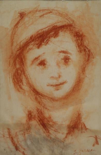 ZUCKER, Jacques. Sanguine Drawing of a Hasidic Boy: Signed lower right. Accompanied by a hard cover copy of "Jacque Zucker" by Claude Roger-Marx with full color plates, dust jacket is torn. Jacques Zucker (Polish/American, 1900 - 1981). From a Manhatta