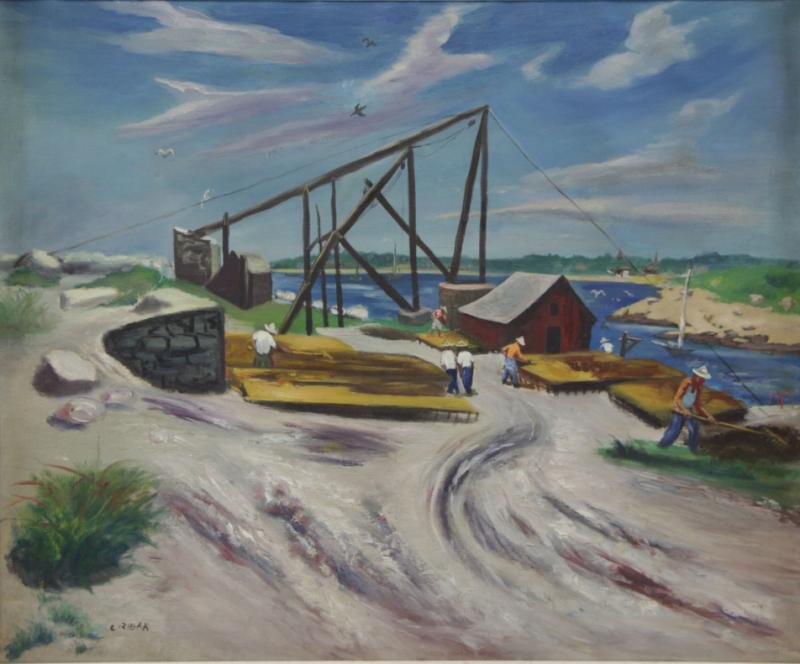 RIBAK, Louis. Oil on Canvas. Men at Work on the: Harbor. Signed lower left. Louis Ribak (American, 1902-1972). From a New Providence, NJ location. Dimensions: 28" high x 34" wide. Condition: Small puncture to sky upper left, surface grime and spotti